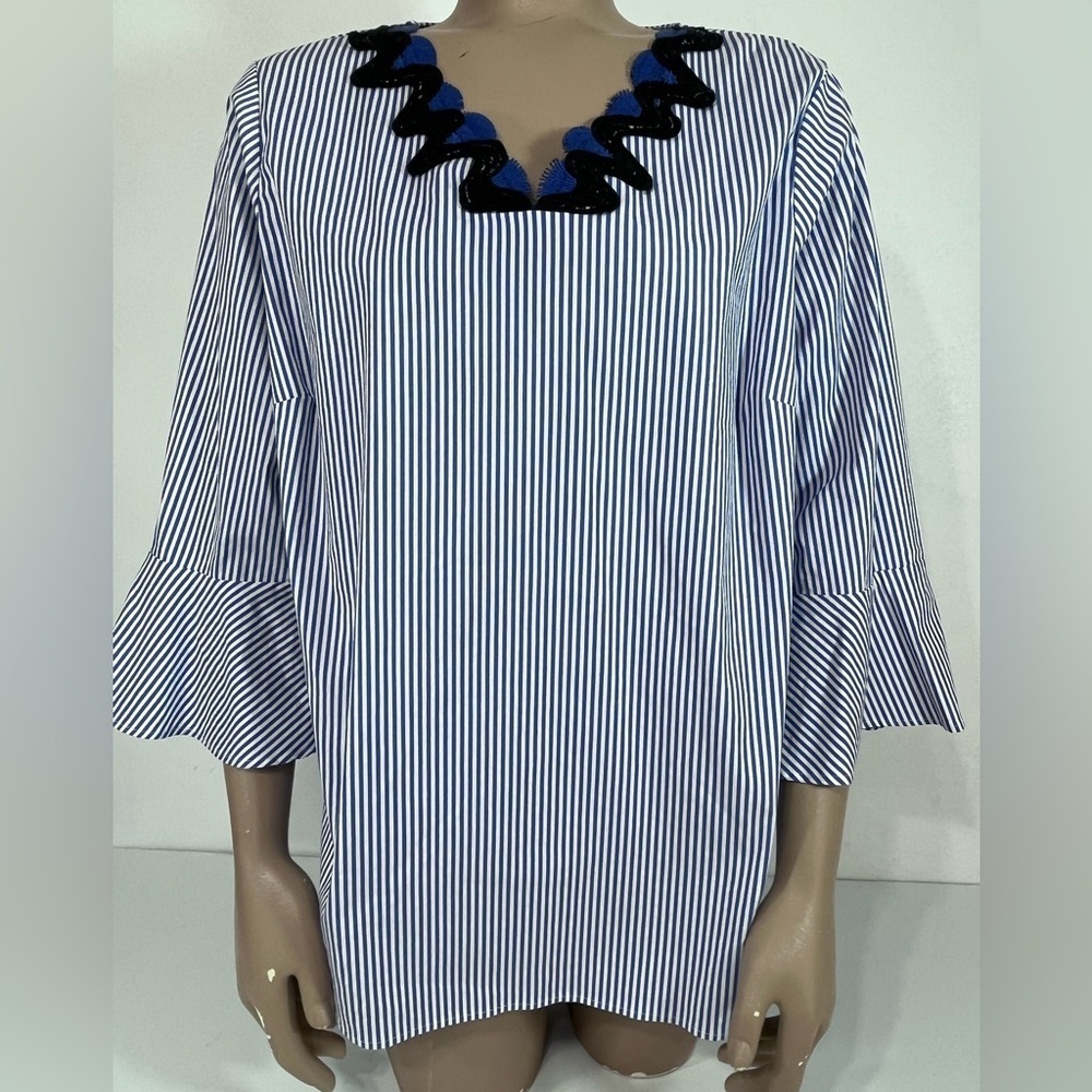 Talbots Plus Petite Size 1Xp Blue & White Striped‎ Embroidered Long Sleeve